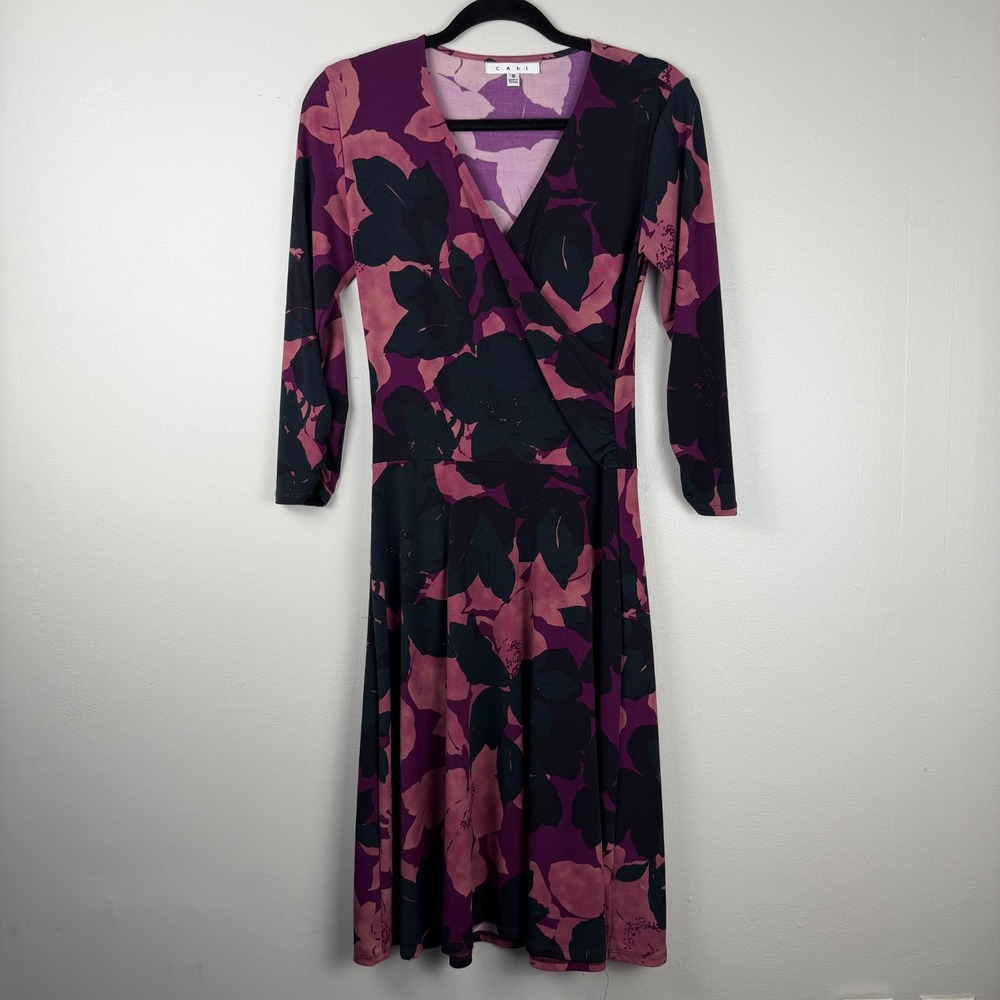 Cabi Shadow Faux Wrap Midi Dress Women's Small Multicolor Floral Surplice Neck